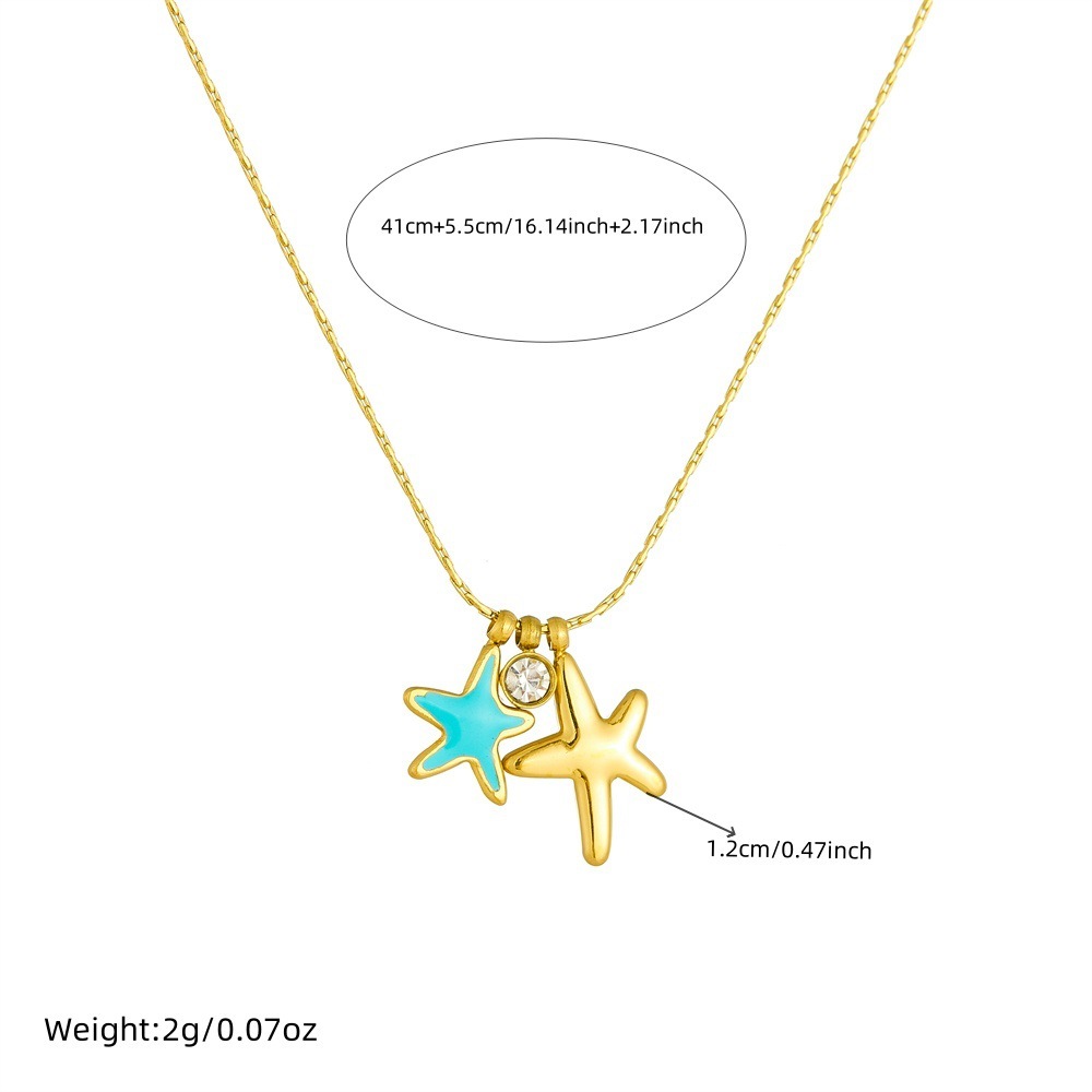 Korean style, fashionable, simple and fresh, oil-drop blue starfish polished pendant, stainless steel gold-plated chain, women's necklace.