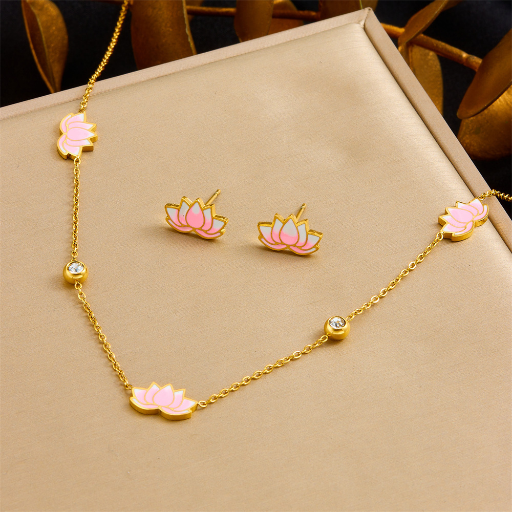 Fashionable and minimalist new Chinese style epoxy resin pink gradient lotus flower rhinestone-encrusted delicate chain necklace, earrings, and bracelet set