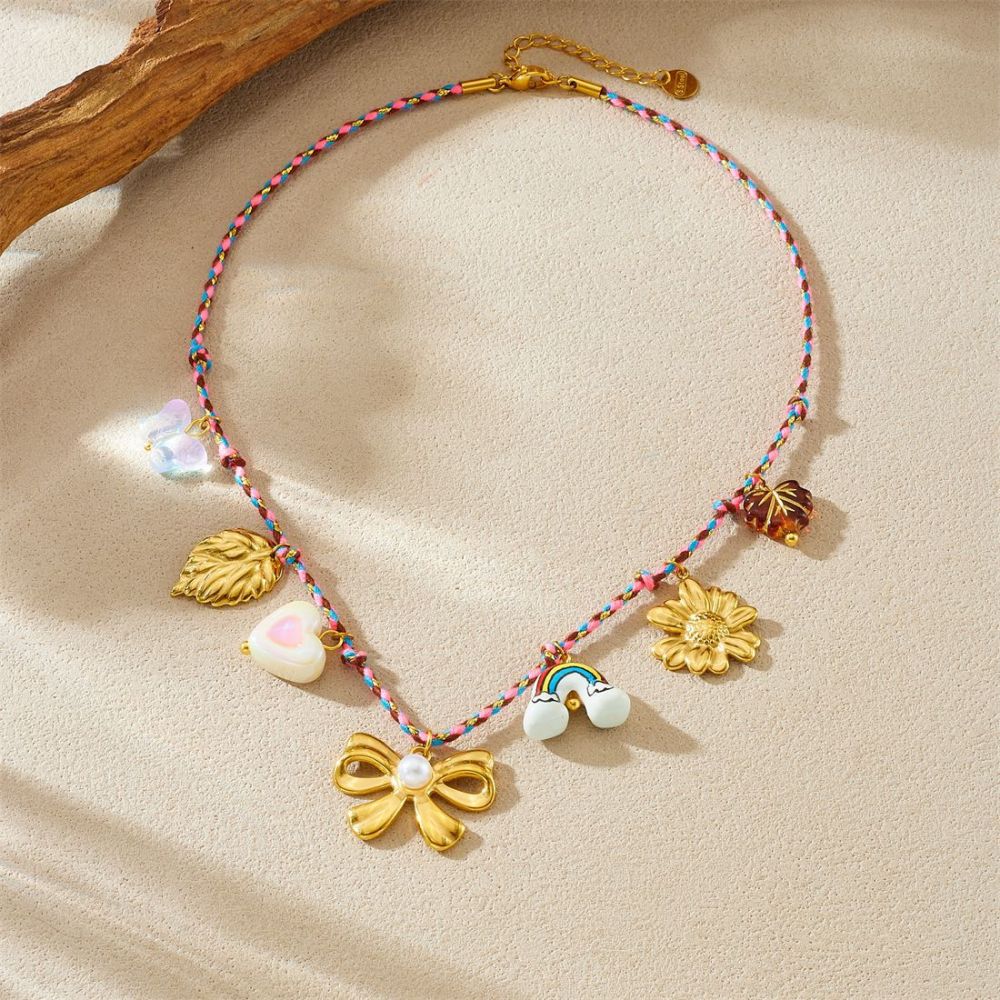 DIY stainless steel pendant necklace with colorful rope from Europe and America, creative and unique ceramic rainbow bow choker.