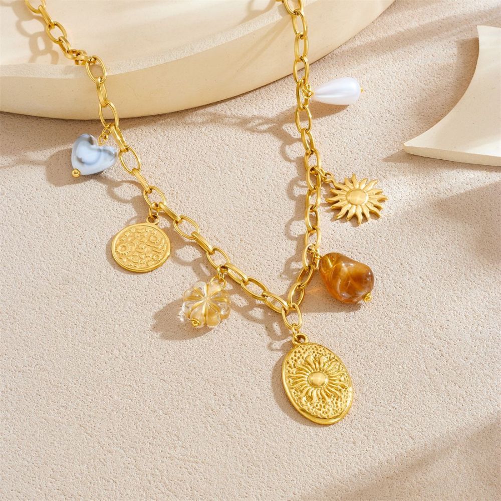 European and American style retro gold-plated oval sunflower pearl pendant accessory stainless steel chain necklace