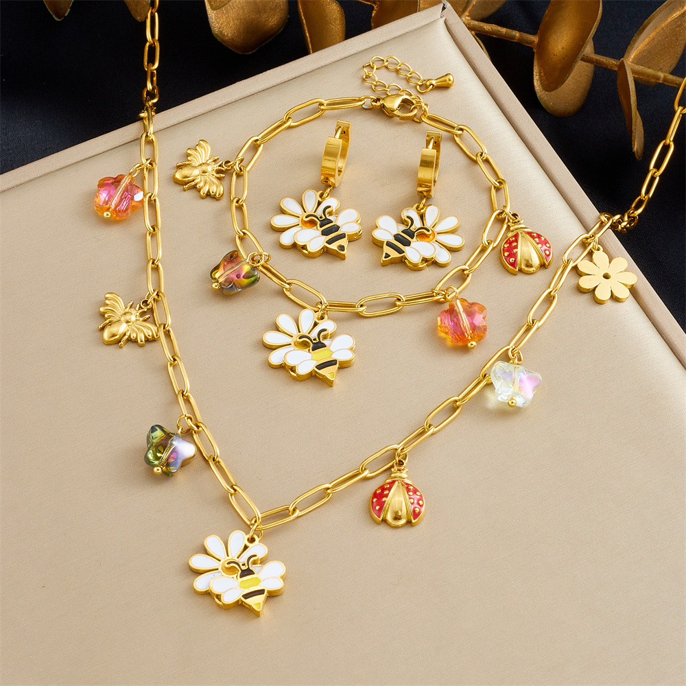 New cross-border fashion cartoon pastoral style dripping flower bee ladybug pendant accessory stainless steel jewelry set