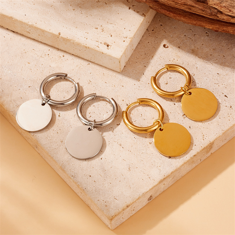 European and American style niche personalized glossy gold-plated stainless steel round geometric pendant earrings