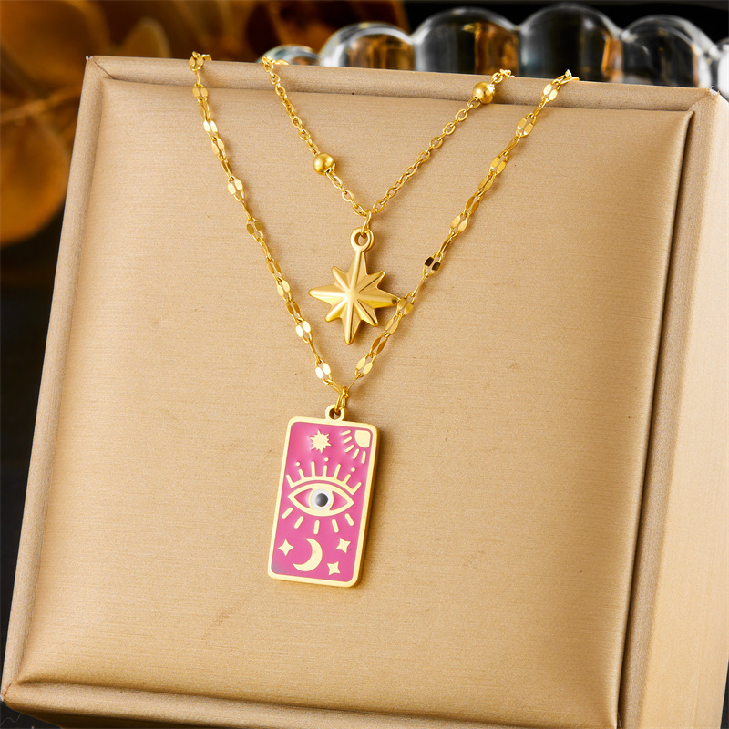 Vintage square dripping eye of God earrings pendant double-layer necklace stacked star and moon clavicle chain jewelry set