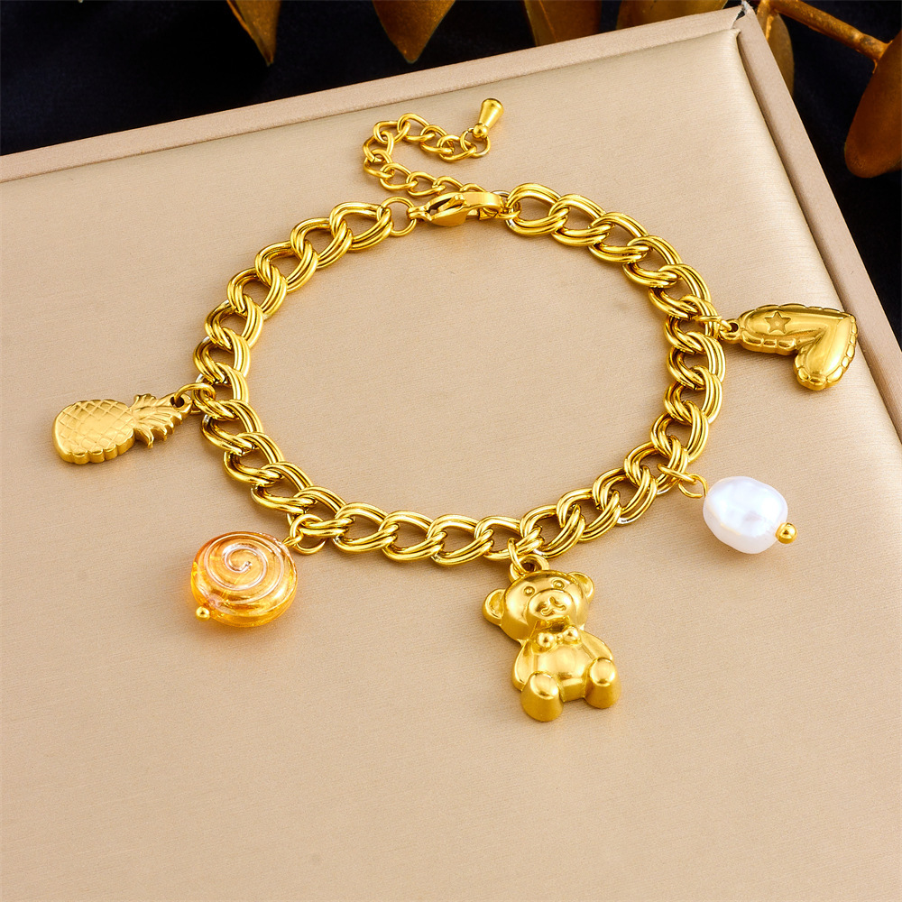 Fashionable cross-border double-chain gold-plated stainless steel heart pineapple bear pendant pearl jewelry bracelet