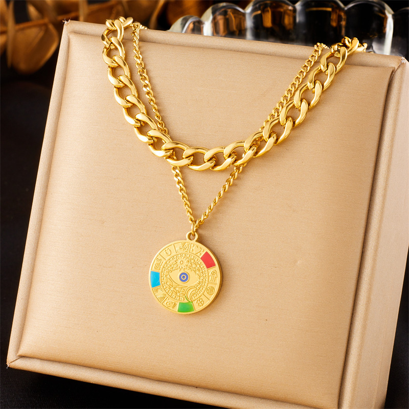 European and American cross-border fashion high-end retro double-layered gold-plated stainless steel chain palm eye pendant necklace