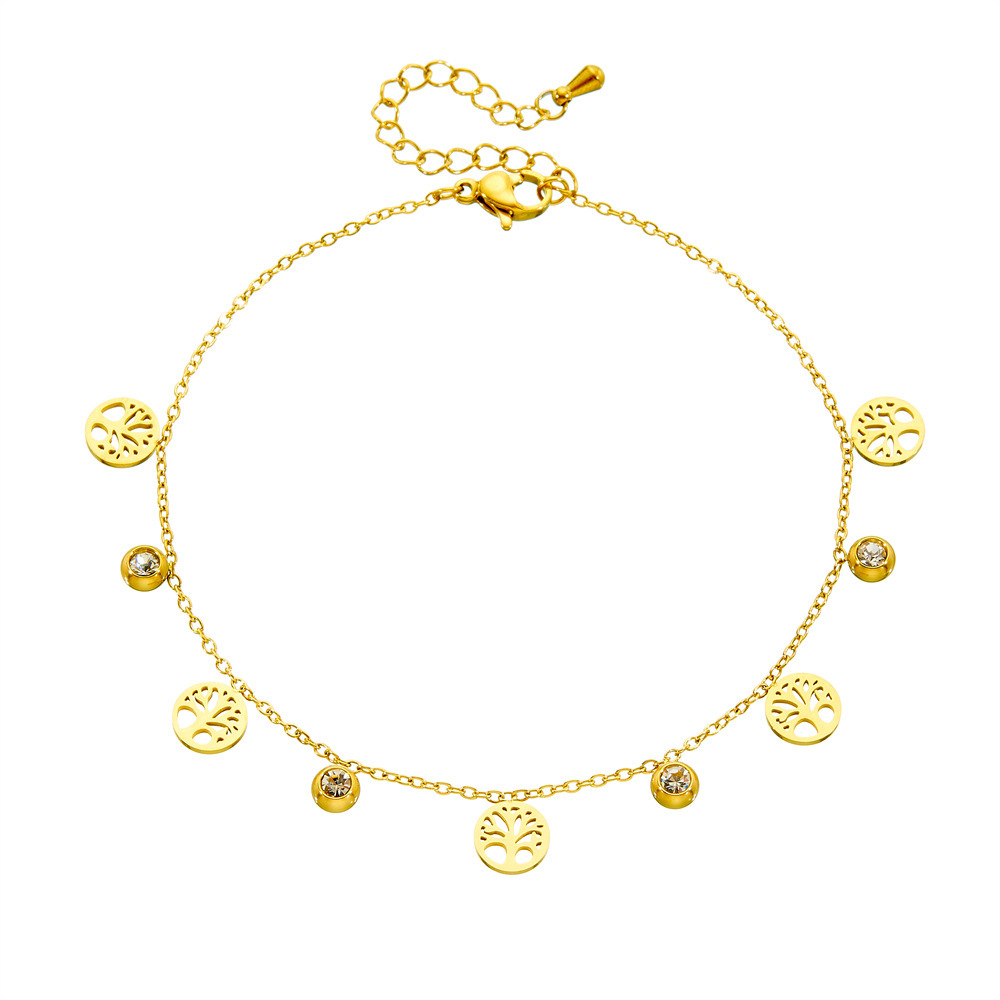 Cross-border fashion niche design diamond-encrusted hollowed-out round tree of life cross pendant chain stainless steel anklet