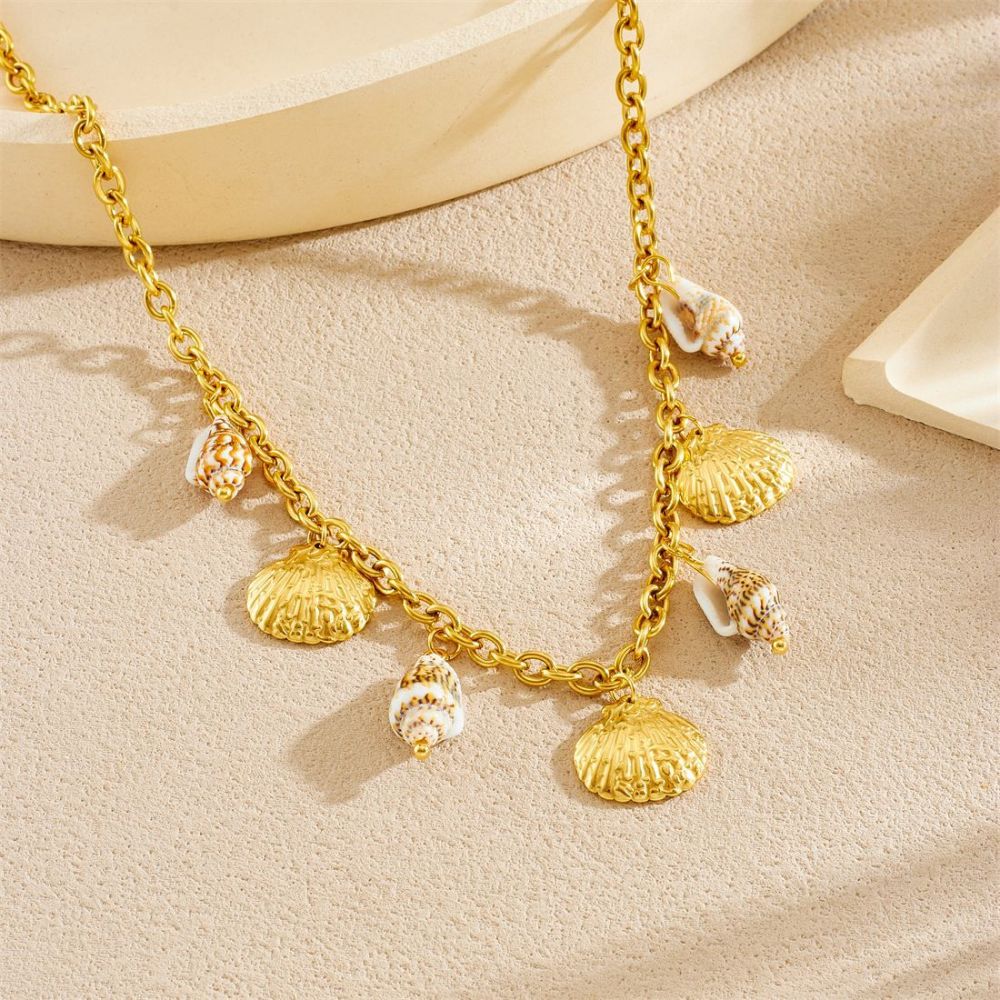 Cross-border fashion, unique retro bohemian style, seashell and scallop gold-plated pendant chain stainless steel jewelry necklace