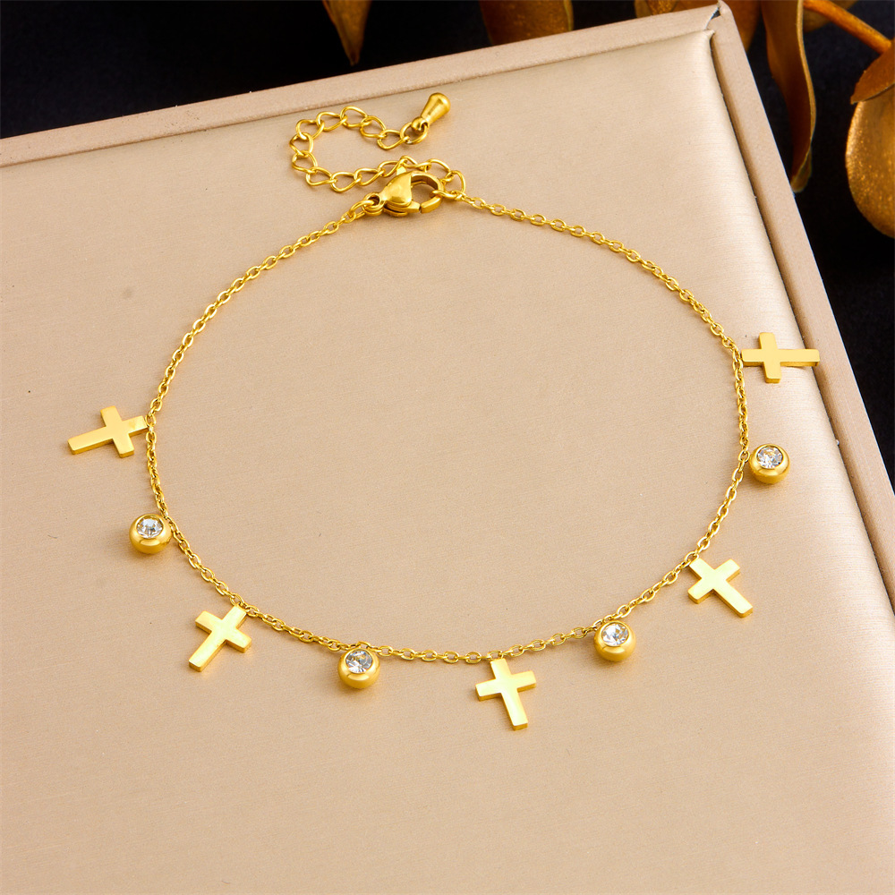 Cross-border fashion niche design diamond-encrusted hollowed-out round tree of life cross pendant chain stainless steel anklet