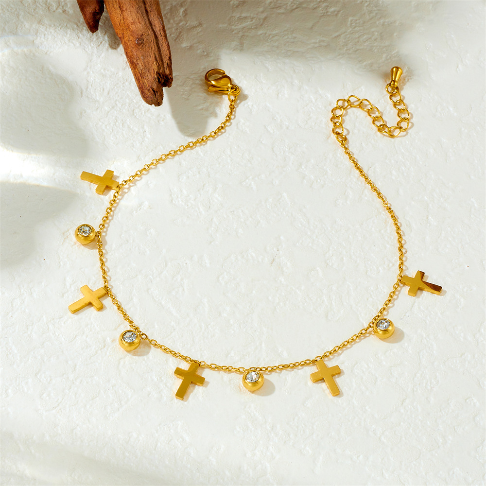 Cross-border fashion niche design diamond-encrusted hollowed-out round tree of life cross pendant chain stainless steel anklet