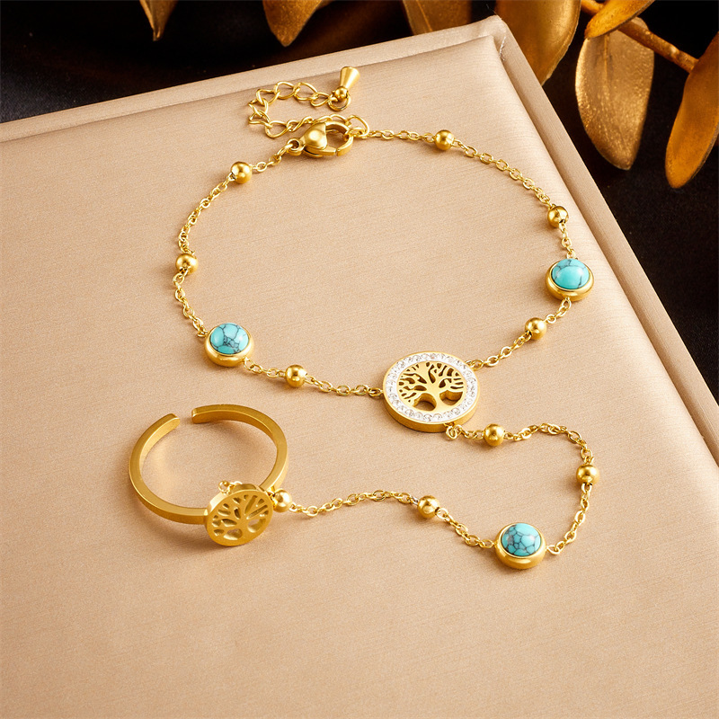 European and American style retro high-end chain gold-plated stainless steel Tree of Life blue turquoise accessories open ring bracelet