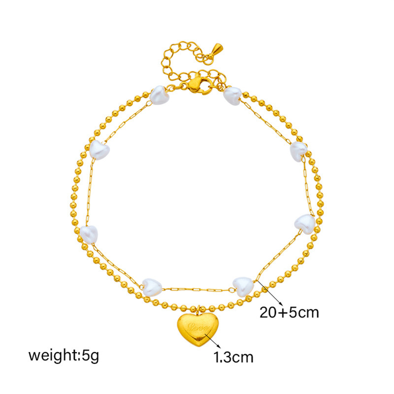 European and American style retro double-layer pearl chain with polished pearl heart pendant, simple beach style, versatile anklet