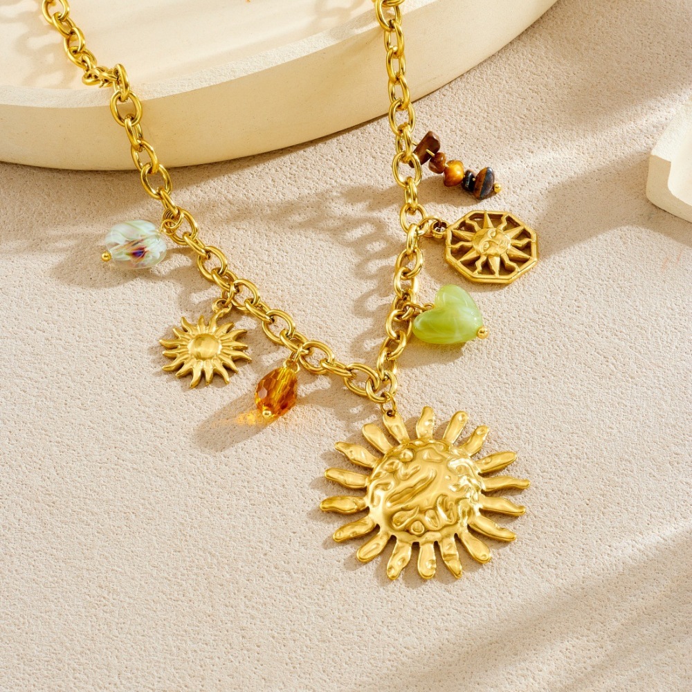 European and American cross-border fashion personalized face sun irregular pebble beaded heart pendant stainless steel jewelry set