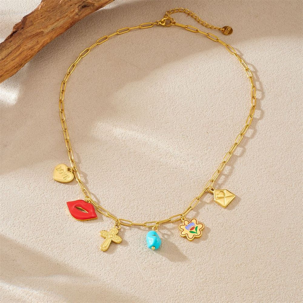 Korean style, fashionable and fresh, multi-element gold-plated drip flower, lip, cross, turquoise pendant necklace