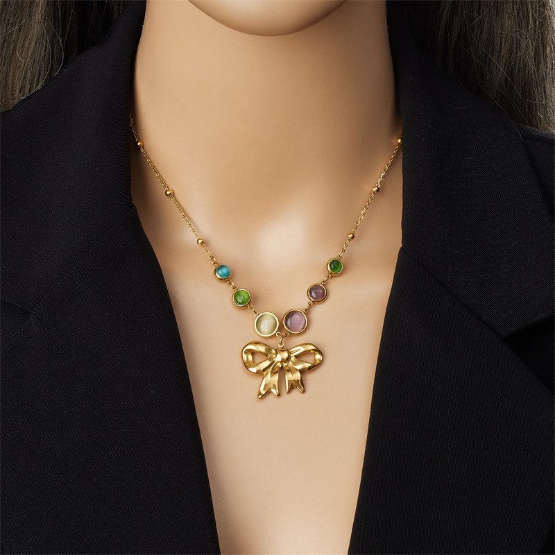 Korean style fashion cross-border new colorful gemstone accessories gold-plated bow angel chain stainless steel jewelry necklace