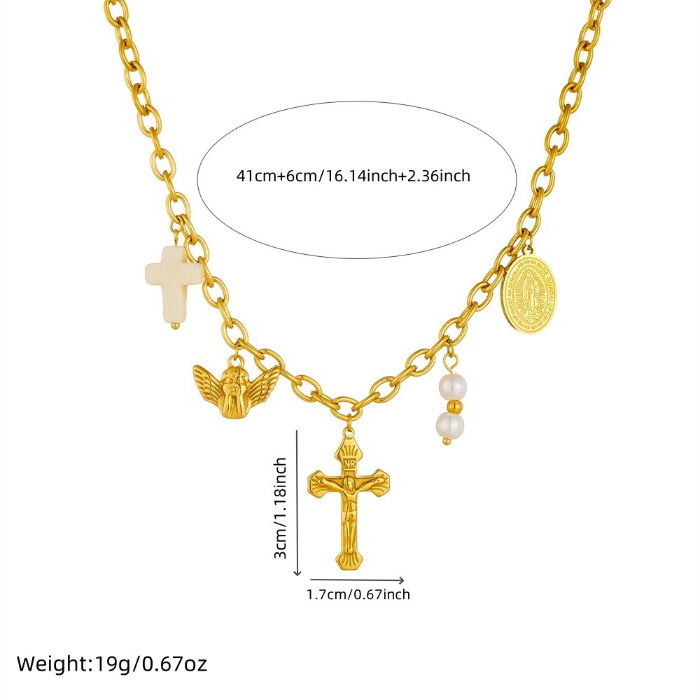 European and American cross-border fashion retro gold-plated angel and Virgin Mary oval cross pearl pendant chain stainless steel necklace