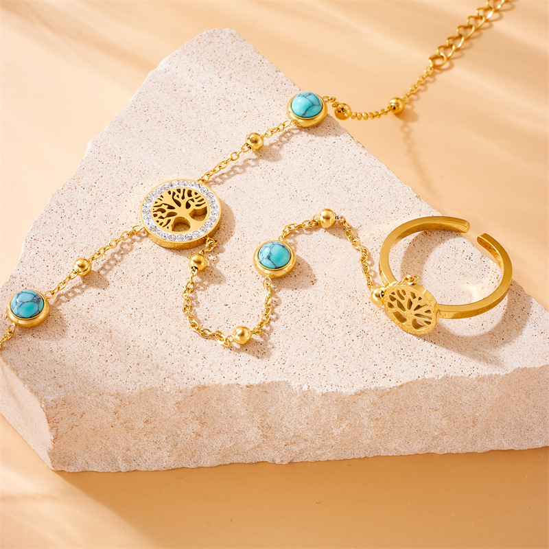 European and American style retro high-end chain gold-plated stainless steel Tree of Life blue turquoise accessories open ring bracelet