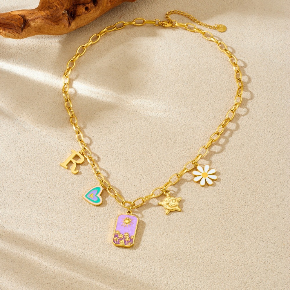 Cross-border fashion trendy drip-colored heart square sun daisy flower pendant stainless steel necklace