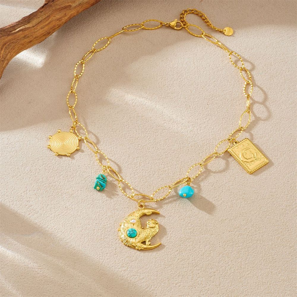 Cross-border fashion gold-plated vintage turquoise inlaid pendant square moon-shaped owl pendant clavicle chain necklace