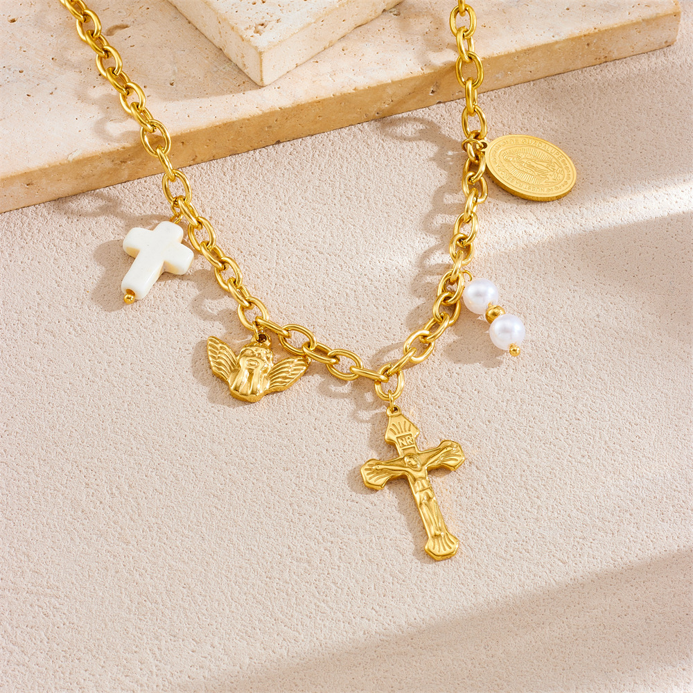 European and American cross-border fashion retro gold-plated angel and Virgin Mary oval cross pearl pendant chain stainless steel necklace