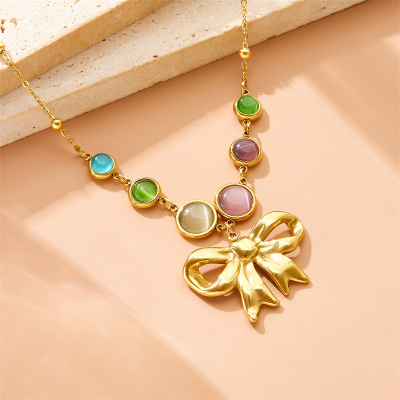 Korean style fashion cross-border new colorful gemstone accessories gold-plated bow angel chain stainless steel jewelry necklace