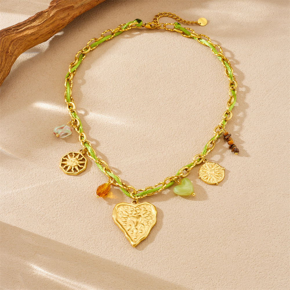 Cross-border popular colorful pendant braided rope metal chain gold-plated irregular heart accessory pastoral style necklace