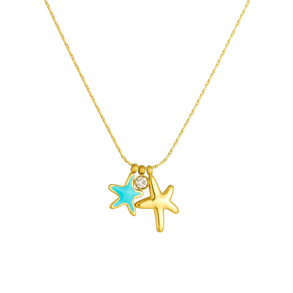 Korean style, fashionable, simple and fresh, oil-drop blue starfish polished pendant, stainless steel gold-plated chain, women's necklace.