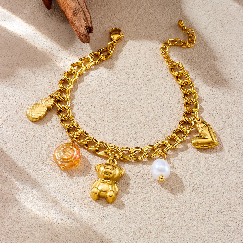 Fashionable cross-border double-chain gold-plated stainless steel heart pineapple bear pendant pearl jewelry bracelet