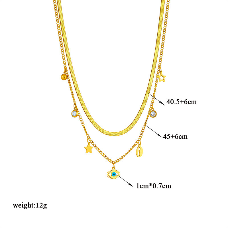 European and American cross-border fashion jewelry, double-layered stainless steel star and shell hollow eye pendant collarbone necklace.