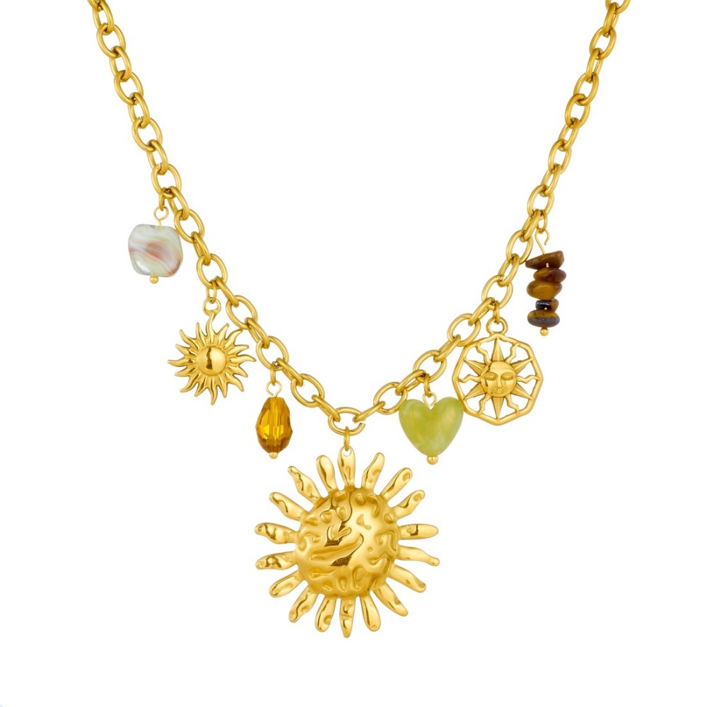 European and American cross-border fashion personalized face sun irregular pebble beaded heart pendant stainless steel jewelry set