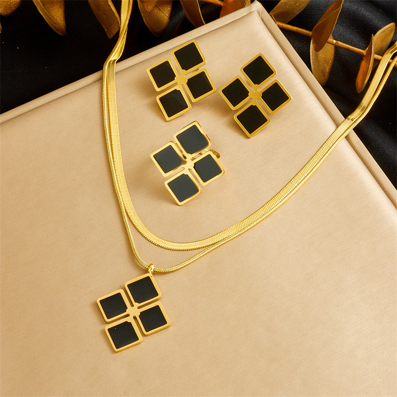 Cross-border fashion minimalist and unique black and white square diamond stainless steel stacked chain necklace, ring and earring set