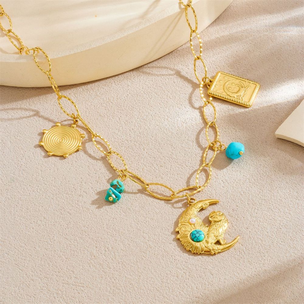 Cross-border fashion gold-plated vintage turquoise inlaid pendant square moon-shaped owl pendant clavicle chain necklace