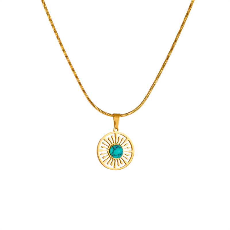 Fashionable, retro, simple, versatile round geometric turquoise accessory chain stainless steel gold-plated jewelry necklace and earrings