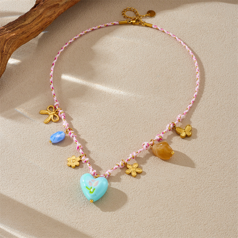 Korean style new creative fashion color-blocked woven rope knotted stainless steel flower sun heart drip print necklace