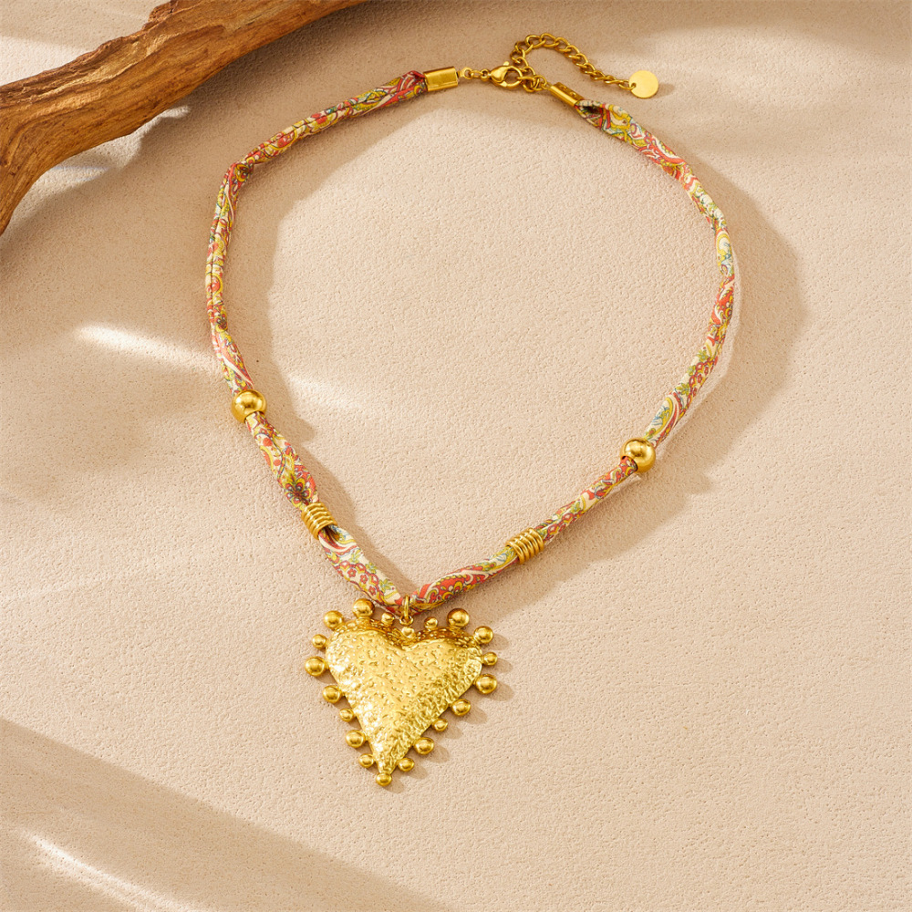 European and American style retro printed colorful ribbon rope gold-plated stainless steel heart-shaped gold bead accessory pendant necklace