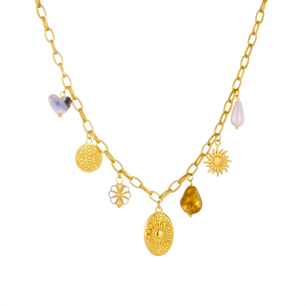 European and American style retro gold-plated oval sunflower pearl pendant accessory stainless steel chain necklace