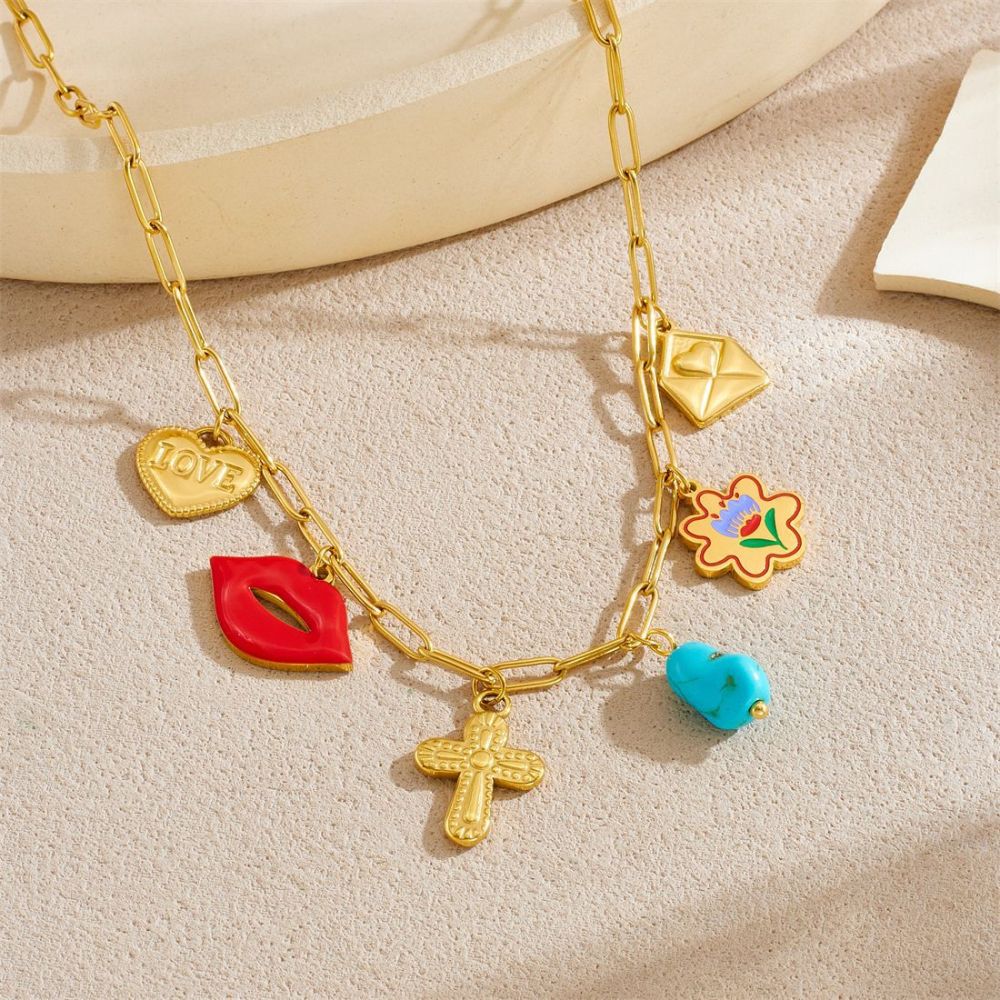 Korean style, fashionable and fresh, multi-element gold-plated drip flower, lip, cross, turquoise pendant necklace