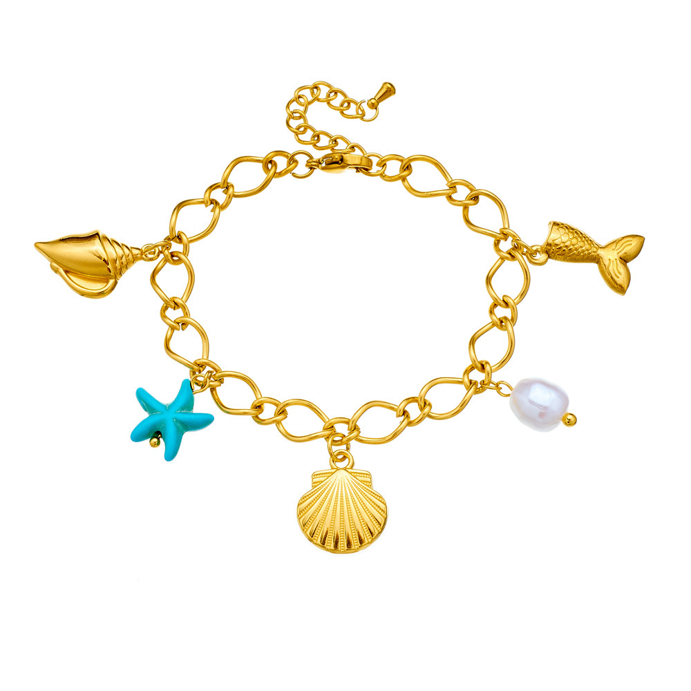 European and American style stainless steel pearl personalized ocean series seashell starfish pendant versatile 18K gold plated bracelet