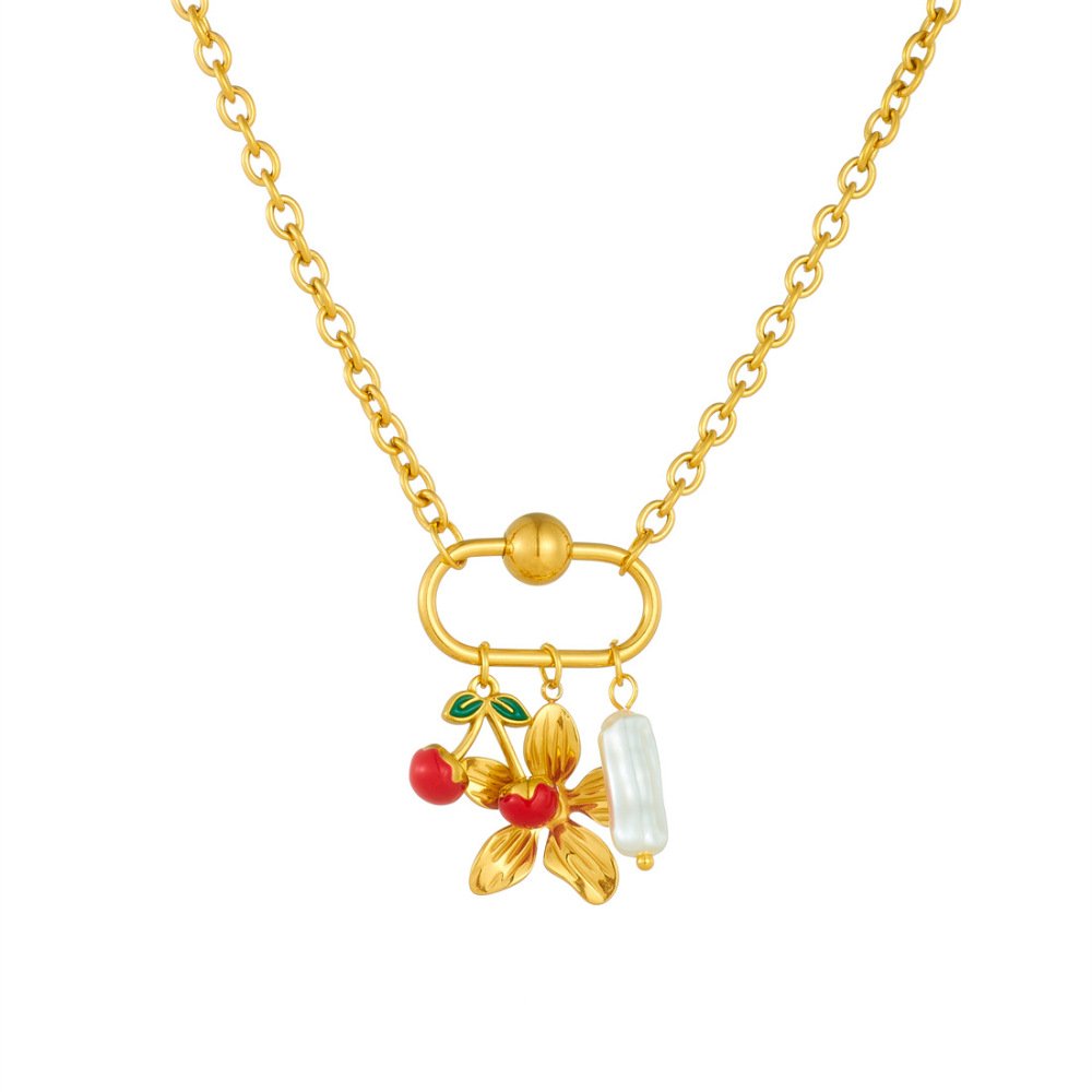 Niche design gold-plated cherry fruit and marine life pendant, gold-plated starfish, seashell, and flower accessory necklace.