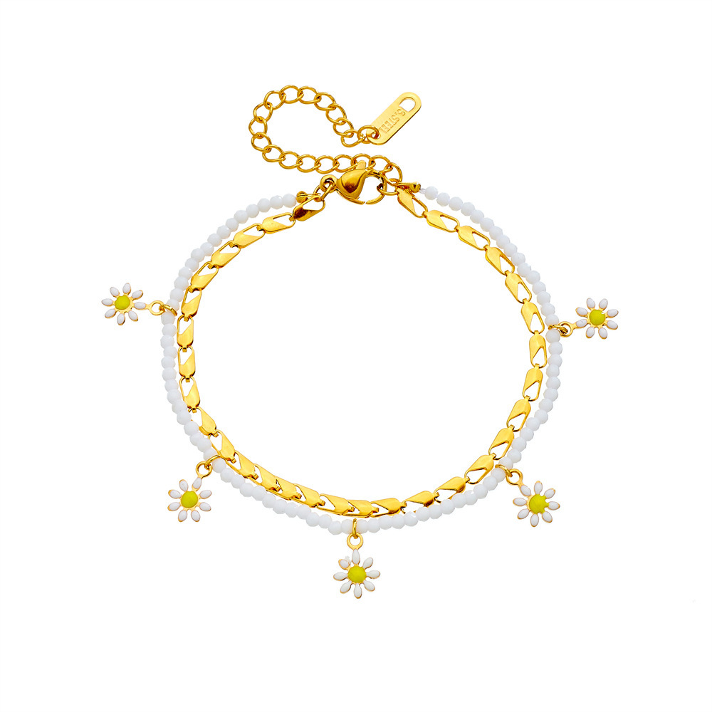 Fashionable cross-border woven white seed bead daisy pastoral style double-layer chain stainless steel anklet for women
