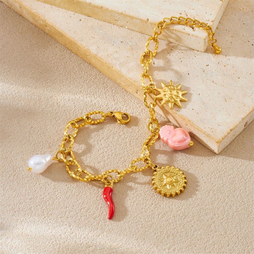 Cross-border fashion gold-plated stainless steel plant flower heart disc sun pendant chain jewelry bracelet