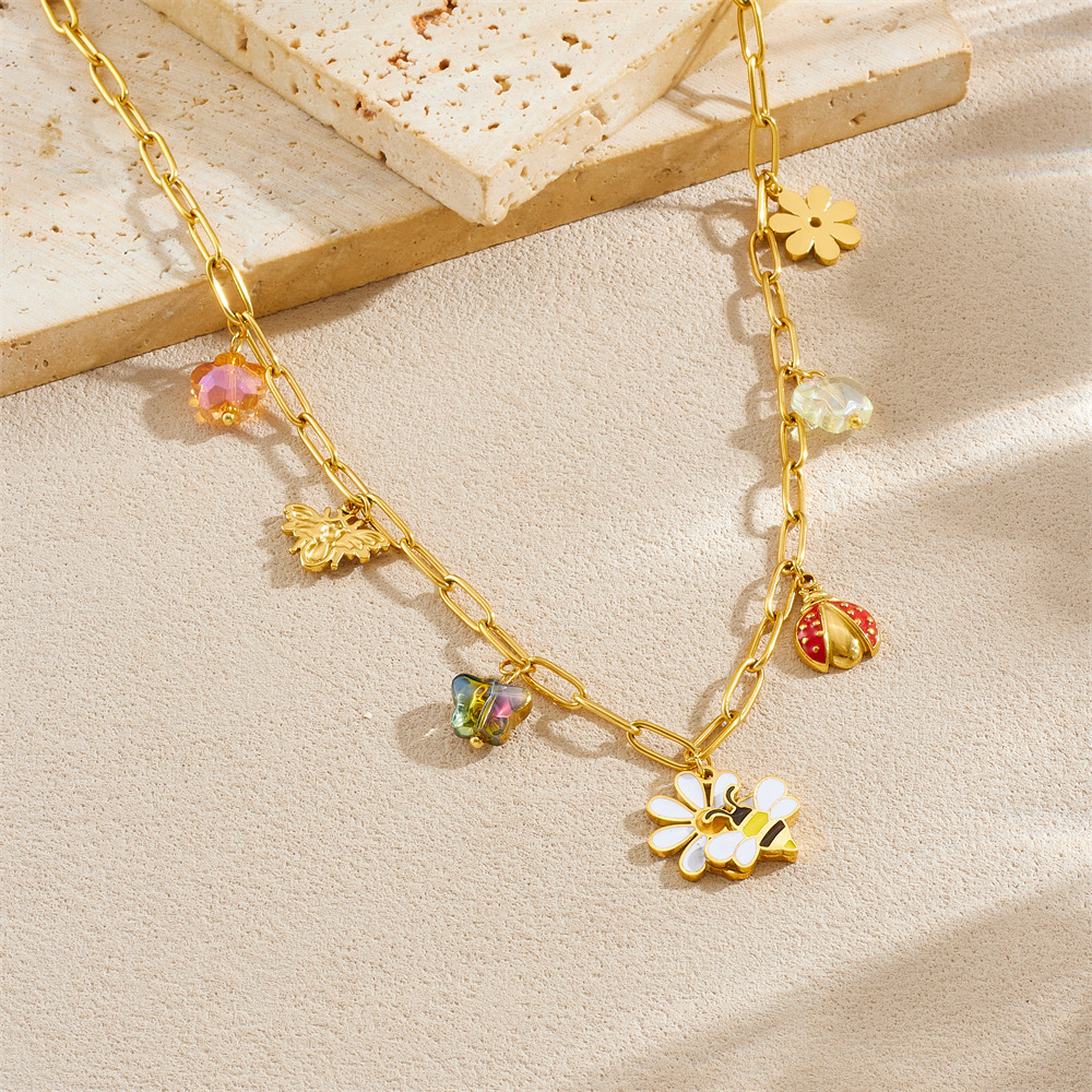 New cross-border fashion cartoon pastoral style dripping flower bee ladybug pendant accessory stainless steel jewelry set