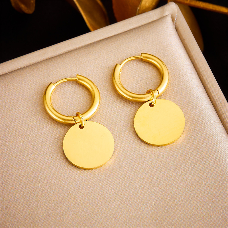 European and American style niche personalized glossy gold-plated stainless steel round geometric pendant earrings
