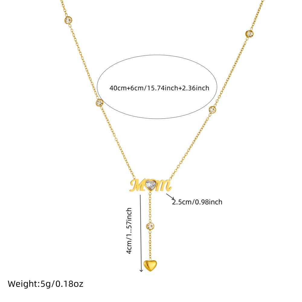 Korean style, fashionable, simple, commuter-friendly chain tassel, rhinestone-encrusted heart and letter connection, MOM pendant stainless steel necklace for women.