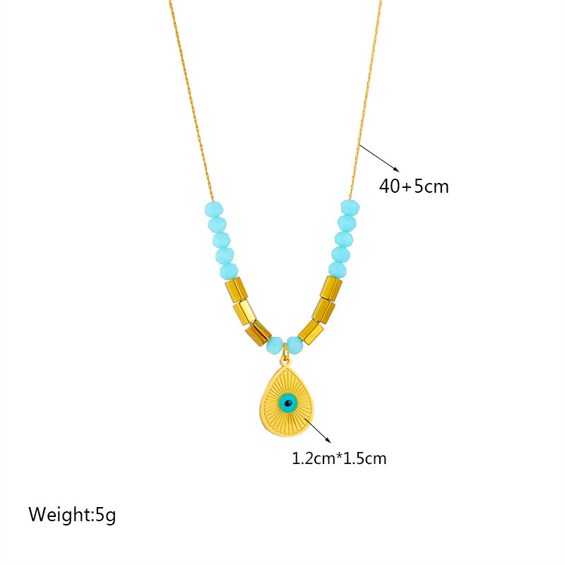 European and American cross-border fashion minimalist niche retro blue eye teardrop pendant faceted beaded titanium steel chain necklace