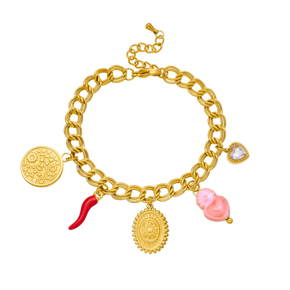 Cross-border fashion personalized retro round plaque embossed pattern gold-plated pendant stainless steel heart chili pepper bracelet