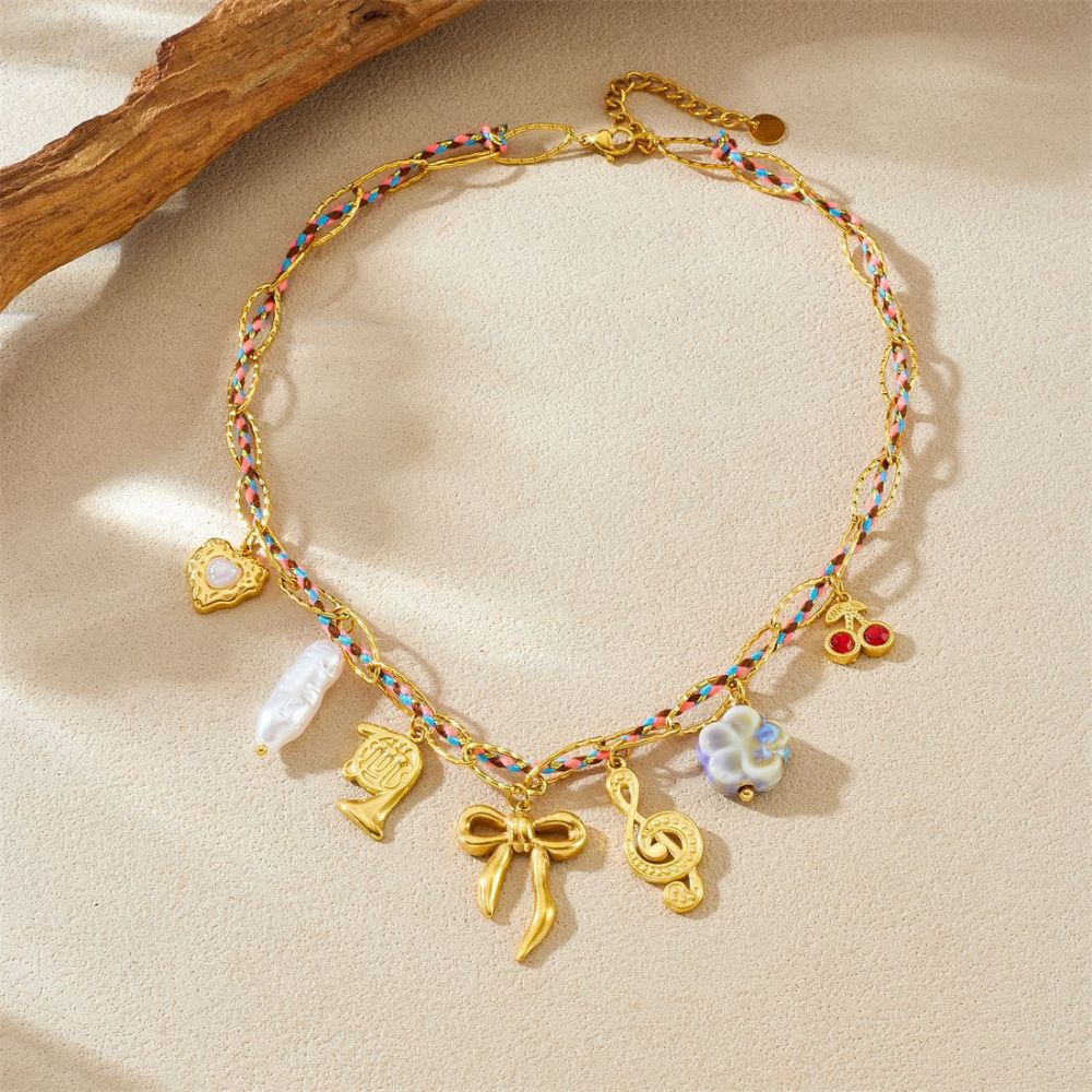 Cross-border fashion gold-plated musical note bow heart pendant chain colorful woven rope stainless steel metal necklace