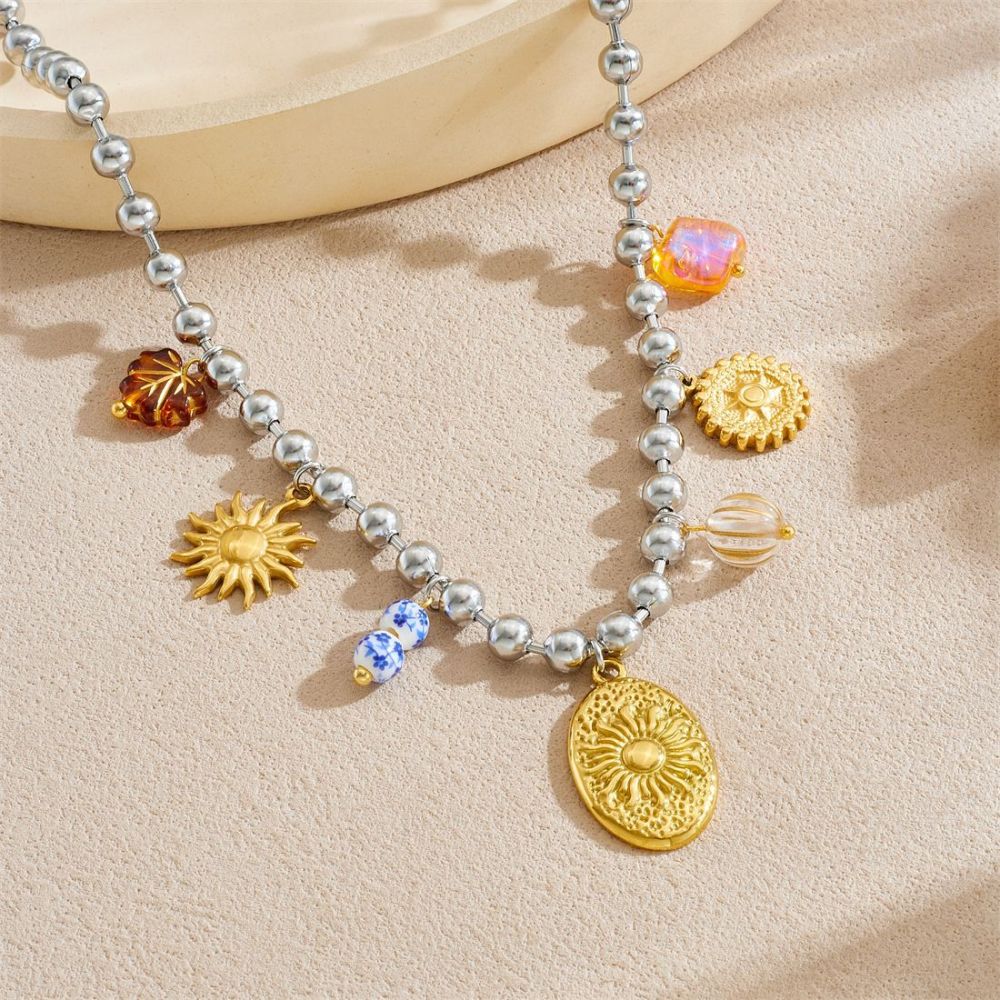 European and American minimalist style multi-element accessories oval relief sunflower pendant stainless steel beaded necklace