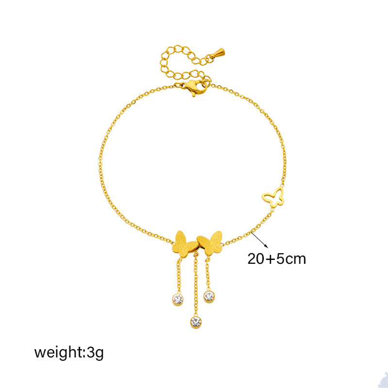 Cross-border fashion niche minimalist 3D glitter butterfly chain tassel accessories gold-plated stainless steel round diamond anklet