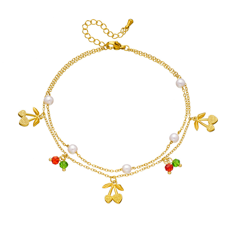 Korean style cute cherry pendant, fashionable stainless steel, double-layer chain, versatile everyday anklet.