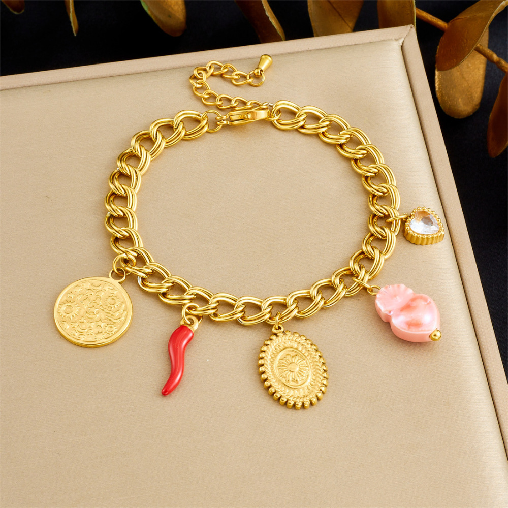 Cross-border fashion personalized retro round plaque embossed pattern gold-plated pendant stainless steel heart chili pepper bracelet